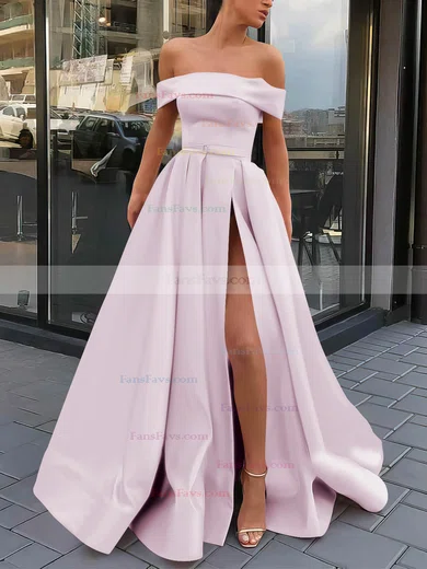A-line Off-the-shoulder Satin Sweep Train Sashes / Ribbons Prom Dresses #Favs020106951
