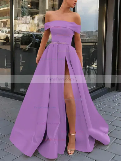 A-line Off-the-shoulder Satin Sweep Train Sashes / Ribbons Prom Dresses #Favs020106951