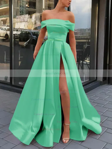 A-line Off-the-shoulder Satin Sweep Train Sashes / Ribbons Prom Dresses #Favs020106951