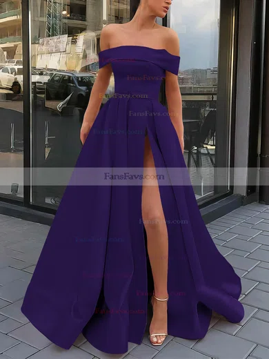 A-line Off-the-shoulder Satin Sweep Train Sashes / Ribbons Prom Dresses #Favs020106951