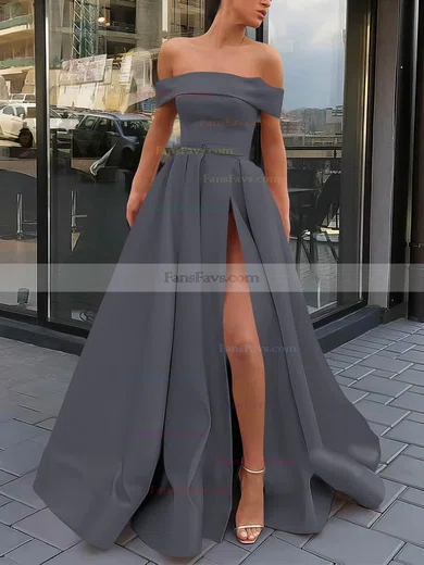 A-line Off-the-shoulder Satin Sweep Train Sashes / Ribbons Prom Dresses #Favs020106951