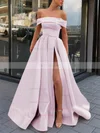 A-line Off-the-shoulder Satin Sweep Train Sashes / Ribbons Prom Dresses #Favs020106951
