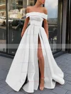 A-line Off-the-shoulder Satin Sweep Train Sashes / Ribbons Prom Dresses #Favs020106951