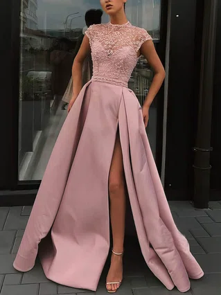 A-line High Neck Satin Sweep Train Beading Prom Dresses #Favs020106952 A-line High Neck Satin Sweep Train Beading Prom Dresses #Favs020106952