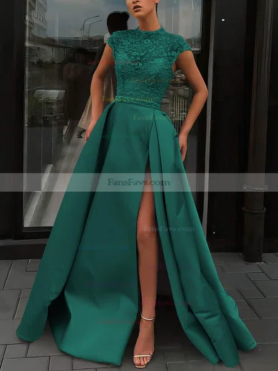A-line High Neck Satin Sweep Train Beading Prom Dresses #Favs020106952