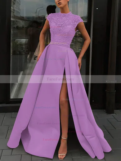 A-line High Neck Satin Sweep Train Beading Prom Dresses #Favs020106952