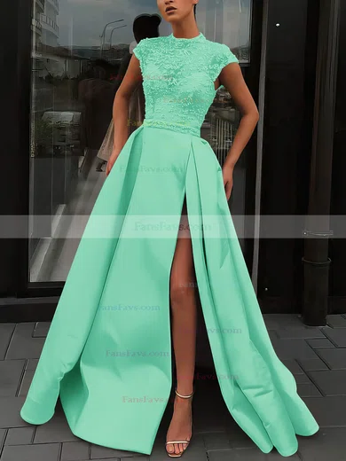 A-line High Neck Satin Sweep Train Beading Prom Dresses #Favs020106952