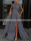 A-line High Neck Satin Sweep Train Beading Prom Dresses #Favs020106952