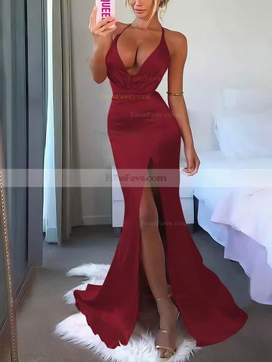 V-neck Silk-like Satin Sweep Train Split Front Prom Dresses #Favs020106953