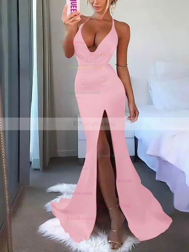 V-neck Silk-like Satin Sweep Train Split Front Prom Dresses #Favs020106953