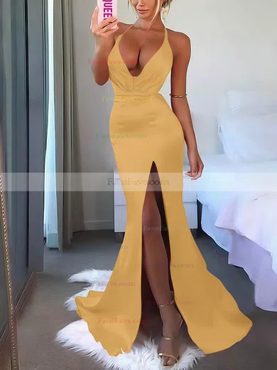 V-neck Silk-like Satin Sweep Train Split Front Prom Dresses #Favs020106953