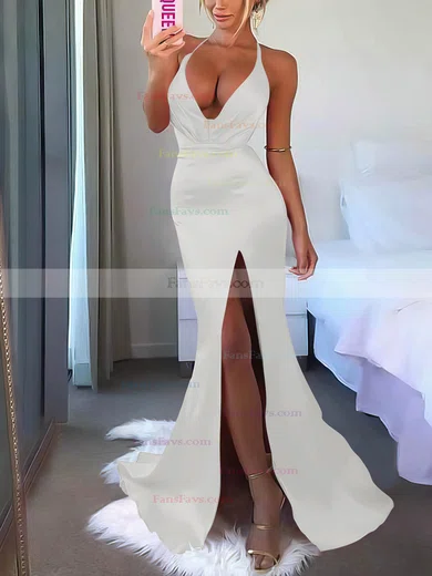 V-neck Silk-like Satin Sweep Train Split Front Prom Dresses #Favs020106953