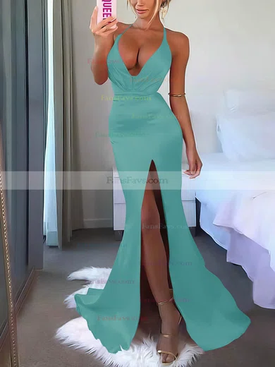 V-neck Silk-like Satin Sweep Train Split Front Prom Dresses #Favs020106953