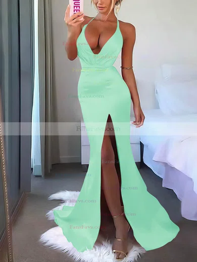 V-neck Silk-like Satin Sweep Train Split Front Prom Dresses #Favs020106953