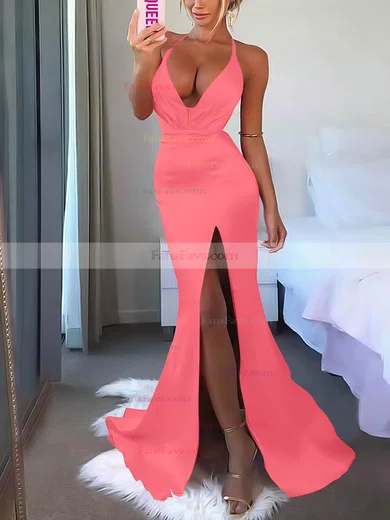 V-neck Silk-like Satin Sweep Train Split Front Prom Dresses #Favs020106953