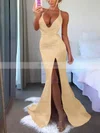 V-neck Silk-like Satin Sweep Train Split Front Prom Dresses #Favs020106953