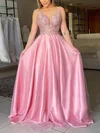 A-line V-neck Tulle Silk-like Satin Sweep Train Appliques Lace Prom Dresses #Favs020106954