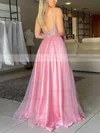 A-line V-neck Tulle Silk-like Satin Sweep Train Appliques Lace Prom Dresses #Favs020106954