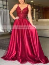 A-line V-neck Tulle Silk-like Satin Sweep Train Appliques Lace Prom Dresses #Favs020106954