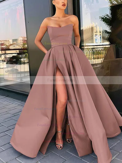 A-line Strapless Satin Sweep Train Sashes / Ribbons Prom Dresses #Favs020106959