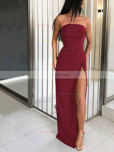 Sheath/Column Strapless Silk-like Satin Sweep Train Split Front Prom Dresses #Favs020106960