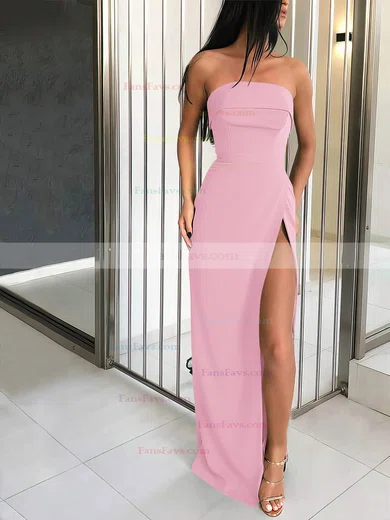 Sheath/Column Strapless Silk-like Satin Sweep Train Split Front Prom Dresses #Favs020106960