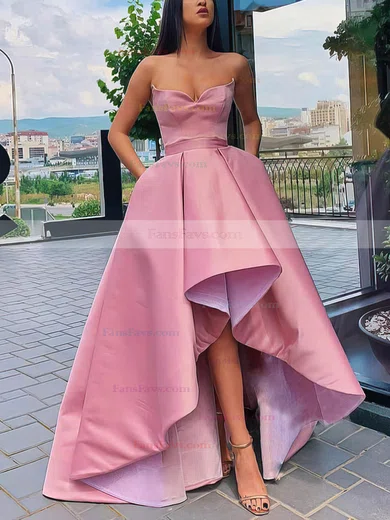 A-line Strapless Satin Asymmetrical Pockets Prom Dresses #Favs020106964
