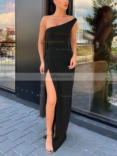 Sheath/Column One Shoulder Silk-like Satin Sweep Train Split Front Prom Dresses #Favs020106965