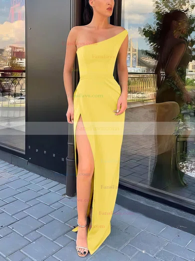 Sheath/Column One Shoulder Silk-like Satin Sweep Train Split Front Prom Dresses #Favs020106965