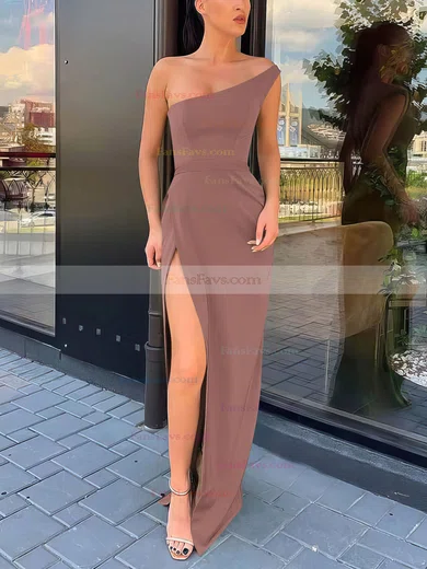 Sheath/Column One Shoulder Silk-like Satin Sweep Train Split Front Prom Dresses #Favs020106965