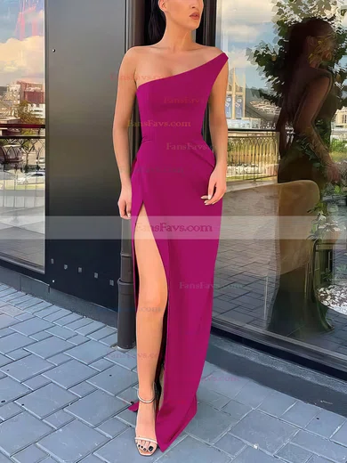 Sheath/Column One Shoulder Silk-like Satin Sweep Train Split Front Prom Dresses #Favs020106965