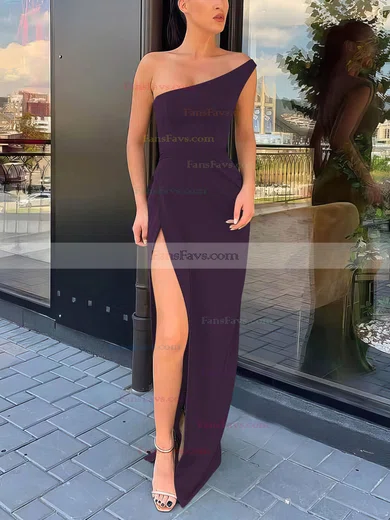 Sheath/Column One Shoulder Silk-like Satin Sweep Train Split Front Prom Dresses #Favs020106965