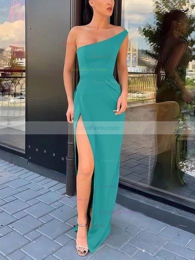 Sheath/Column One Shoulder Silk-like Satin Sweep Train Split Front Prom Dresses #Favs020106965