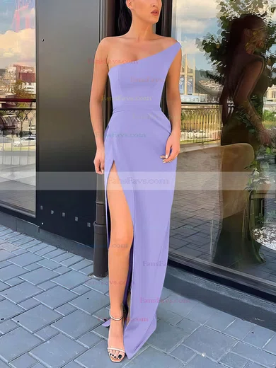 Sheath/Column One Shoulder Silk-like Satin Sweep Train Split Front Prom Dresses #Favs020106965