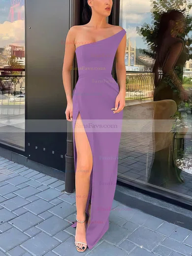 Sheath/Column One Shoulder Silk-like Satin Sweep Train Split Front Prom Dresses #Favs020106965