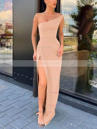 Sheath/Column One Shoulder Silk-like Satin Sweep Train Split Front Prom Dresses #Favs020106965