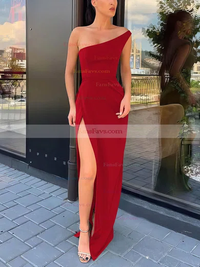 Sheath/Column One Shoulder Silk-like Satin Sweep Train Split Front Prom Dresses #Favs020106965