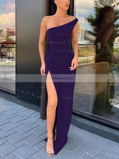 Sheath/Column One Shoulder Silk-like Satin Sweep Train Split Front Prom Dresses #Favs020106965
