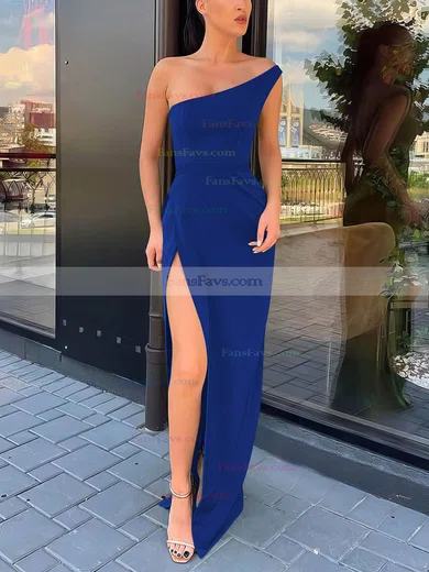 Sheath/Column One Shoulder Silk-like Satin Sweep Train Split Front Prom Dresses #Favs020106965