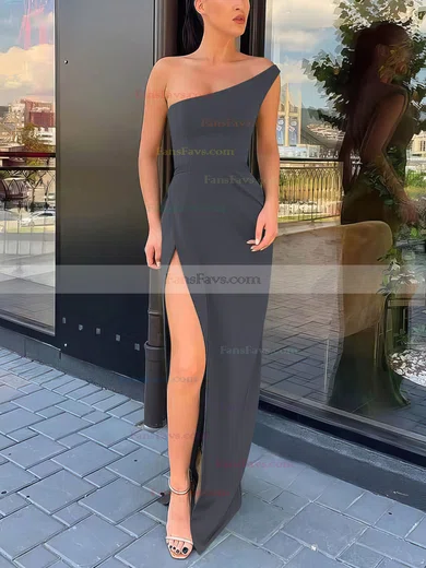 Sheath/Column One Shoulder Silk-like Satin Sweep Train Split Front Prom Dresses #Favs020106965