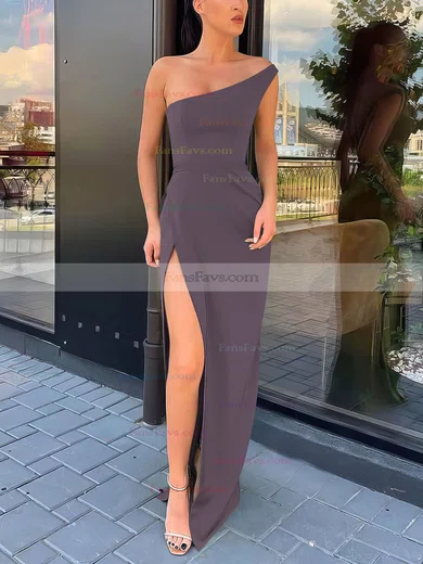Sheath/Column One Shoulder Silk-like Satin Sweep Train Split Front Prom Dresses #Favs020106965