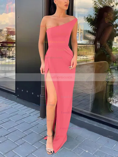 Sheath/Column One Shoulder Silk-like Satin Sweep Train Split Front Prom Dresses #Favs020106965