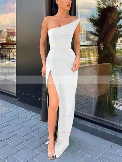 Sheath/Column One Shoulder Silk-like Satin Sweep Train Split Front Prom Dresses #Favs020106965