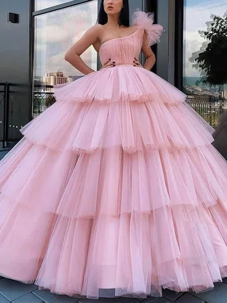 Ball Gown One Shoulder Tulle Floor-length Tiered Prom Dresses #Favs020106968 Ball Gown One Shoulder Tulle Floor-length Tiered Prom Dresses #Favs020106968