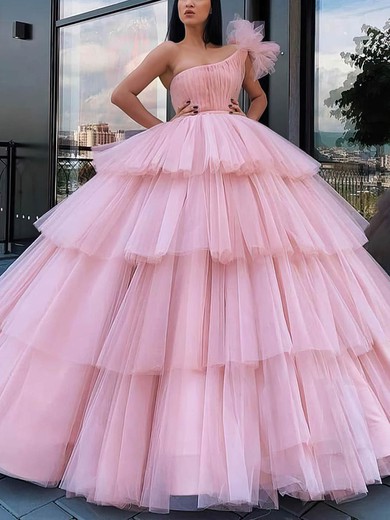 Ball Gown One Shoulder Tulle Floor-length Tiered Prom Dresses #Favs020106968