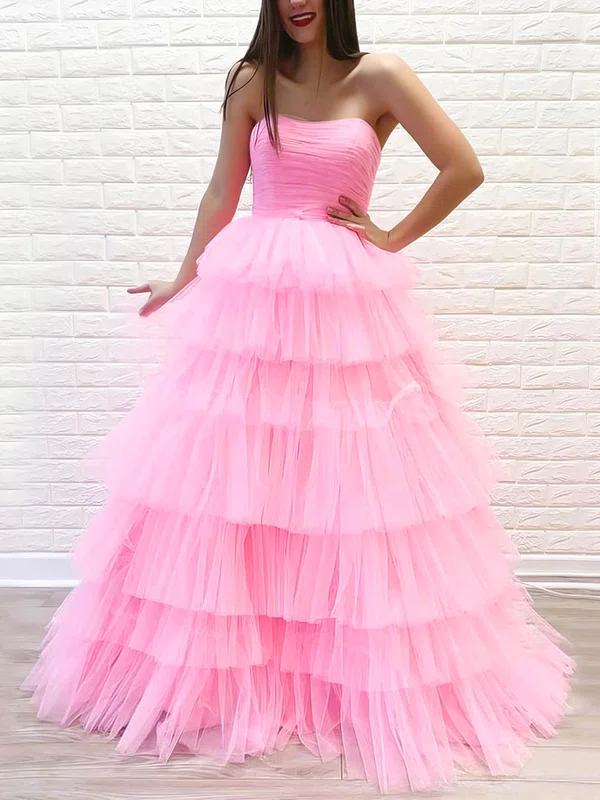 Princess Strapless Tulle Sweep Train Tiered Prom Dresses #Favs020106970