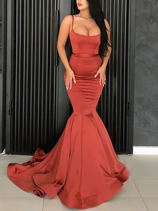 Trumpet/Mermaid Square Neckline Satin Sweep Train Prom Dresses #Favs020106971