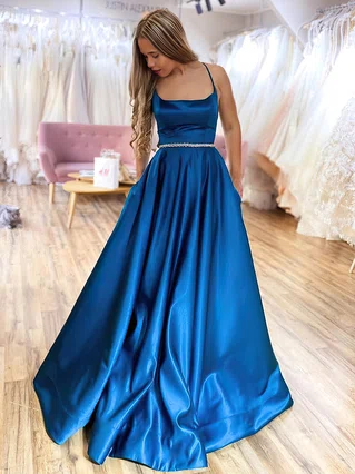 A-line Square Neckline Satin Sweep Train Beading Prom Dresses #Favs020106975