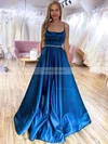A-line Square Neckline Satin Sweep Train Beading Prom Dresses #Favs020106975