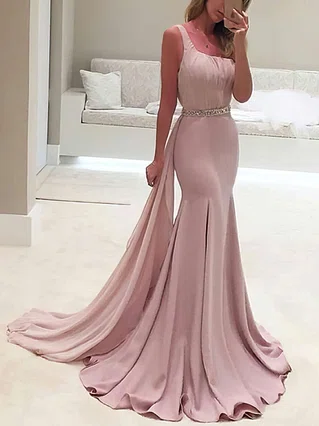 Trumpet/Mermaid One Shoulder Chiffon Sweep Train Beading Prom Dresses #Favs020103518 Trumpet/Mermaid One Shoulder Chiffon Sweep Train Beading Prom Dresses #Favs020103518